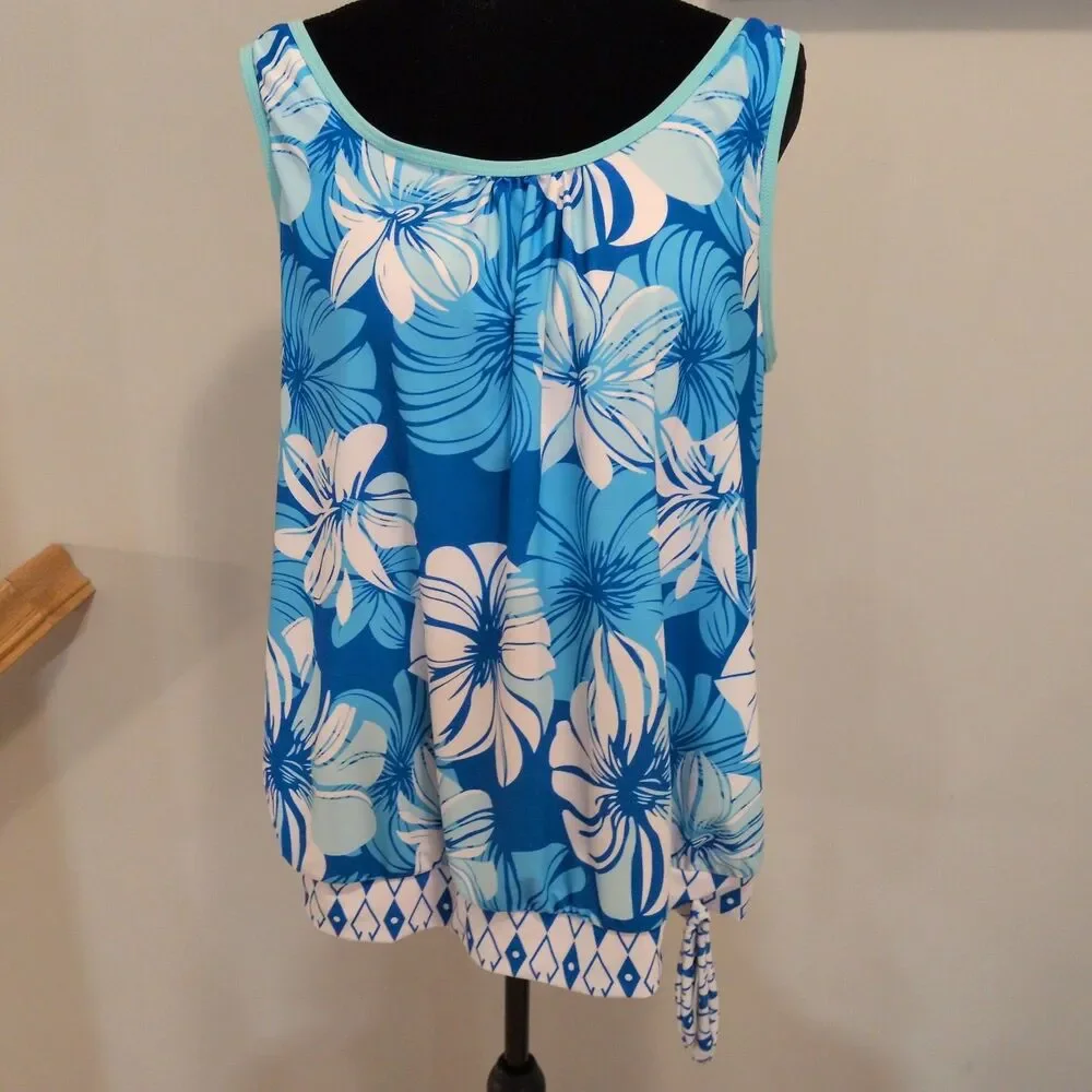Cherievale Aqua Blue Hibiscus Floral Two Piece Tankini Swimsuit Set